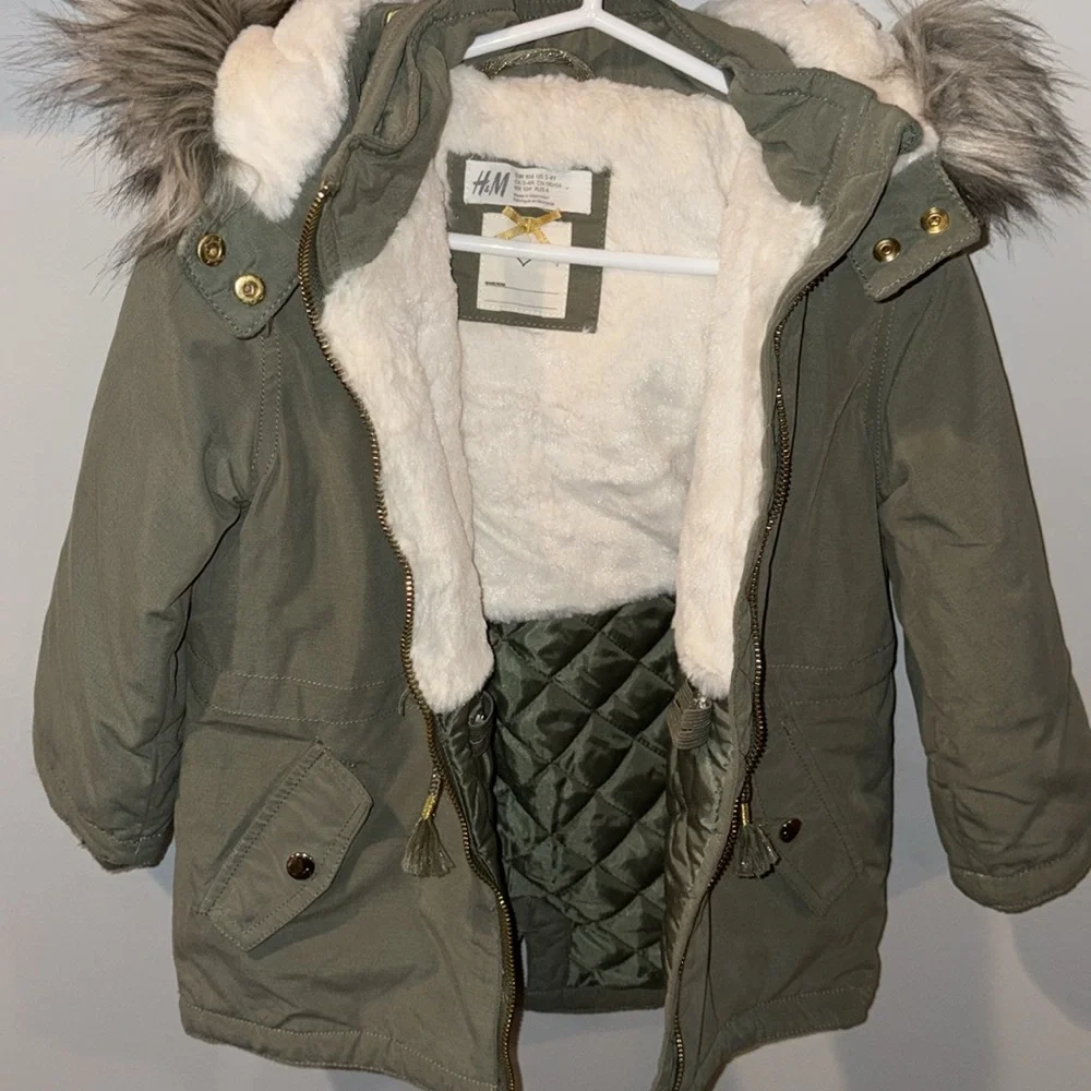 H&M Toddler Hooded Padded Parka w/Faux Fur Trim Size 3-4 Olive Green/Cream NWOT